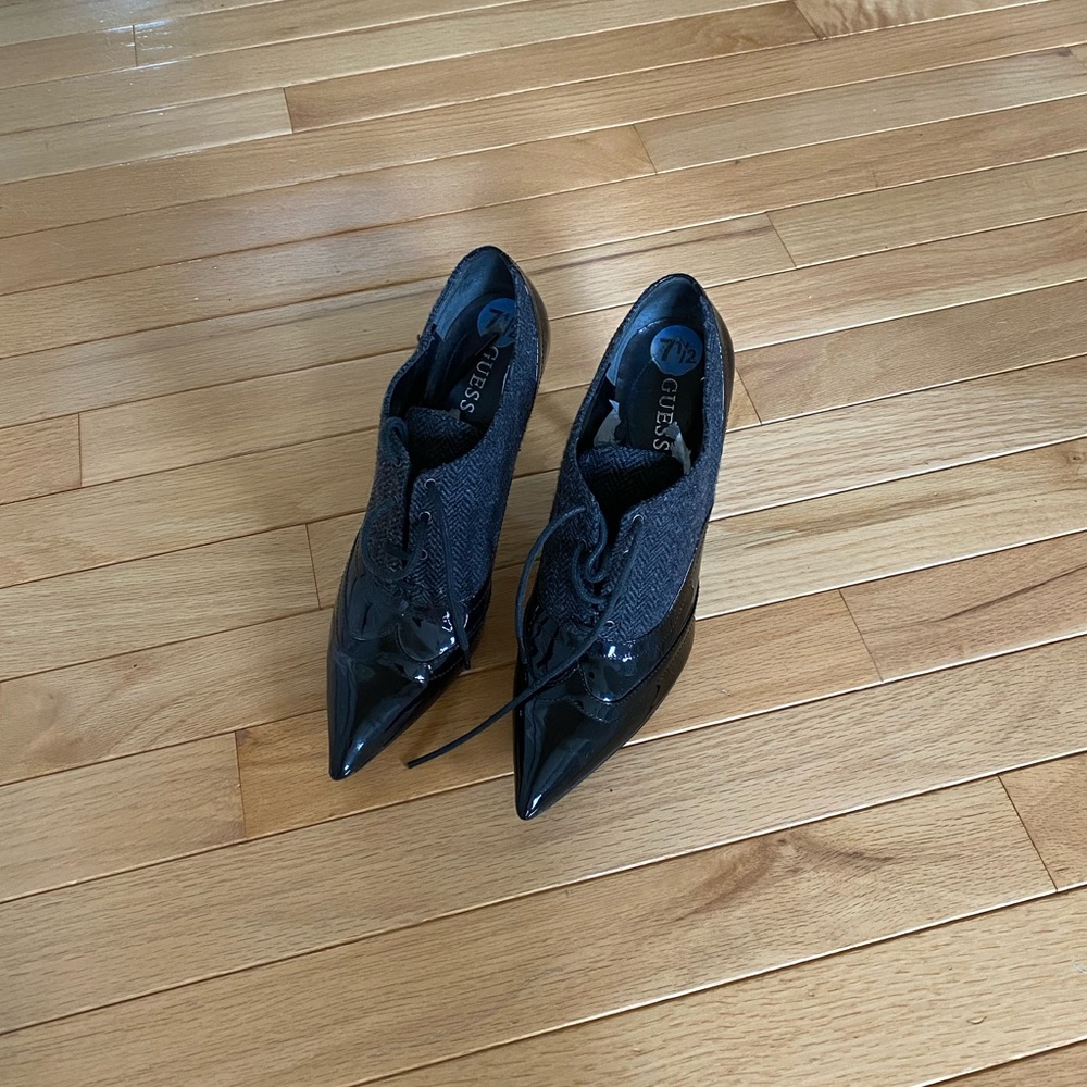 Black patent leather and tweed lace up booties